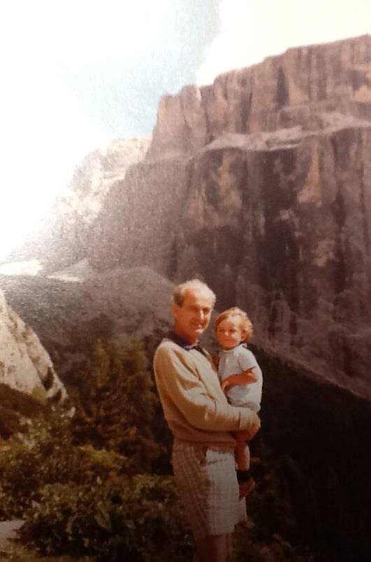 Peter and I standing in front of the NW face of Piz Pordoi in the Dolomites, me aged 2, dad aged fairly ripe. 